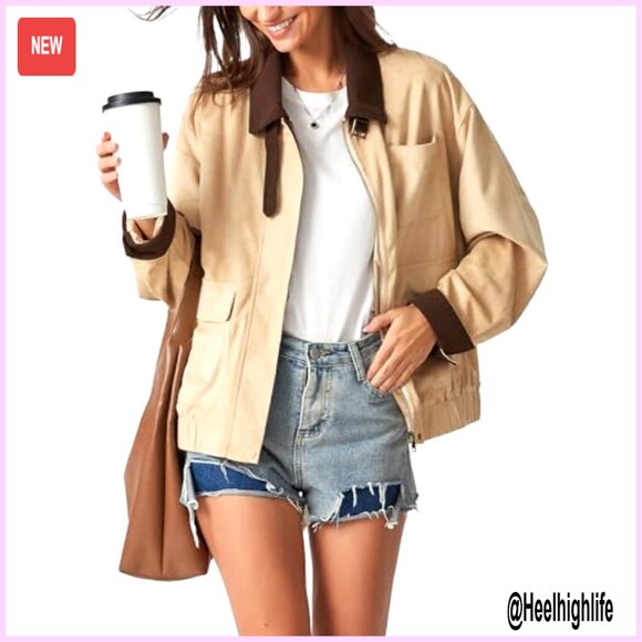 Oversized Faux Suede Bomber Jacket with Corduroy Collar, Utility Pockets - Picture 2 of 7